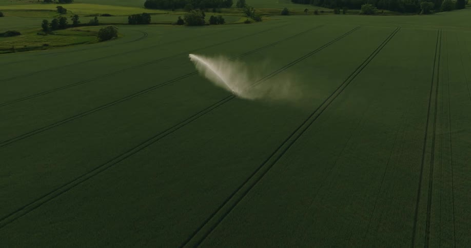 Aerial view of an irrigation system watering a field of crops in the morning