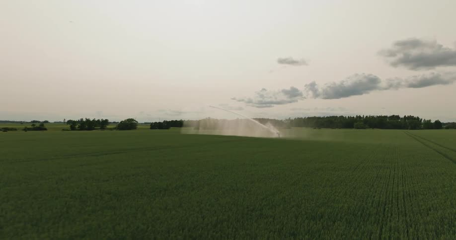 The sprinkler is shooting water all over the fields