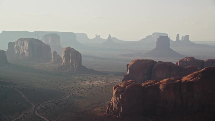 Aerial view of buttes and mesas in the badlands at morning