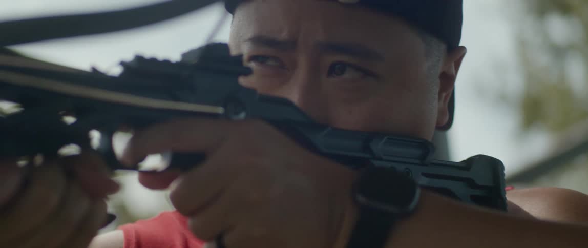 Archer shoots arrows with a crossbow