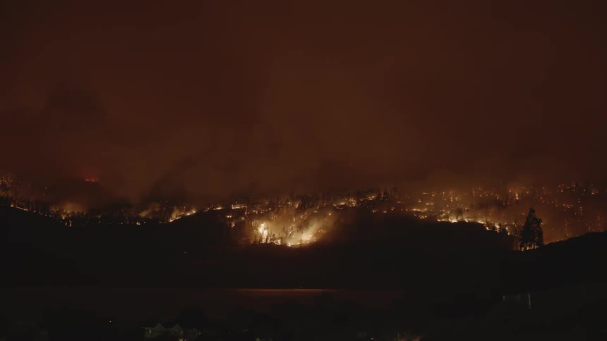 Fire raging through the forest at night