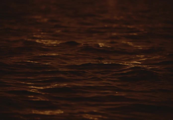 A sea of water following a flow and is reflecting sunlight