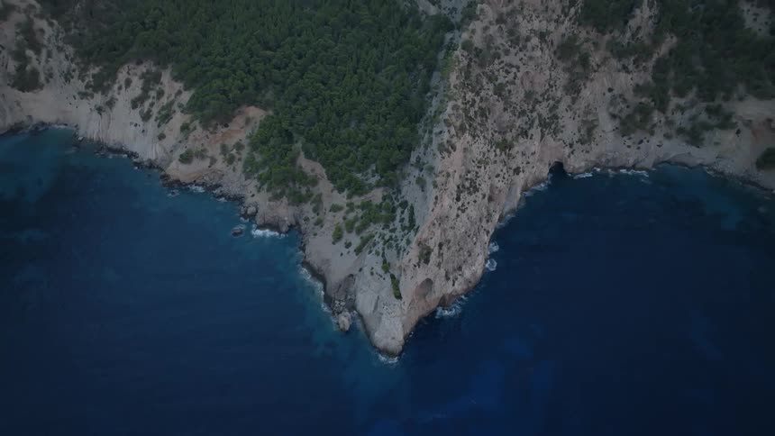 A rocky mountain with vegetation on a coast with a sea