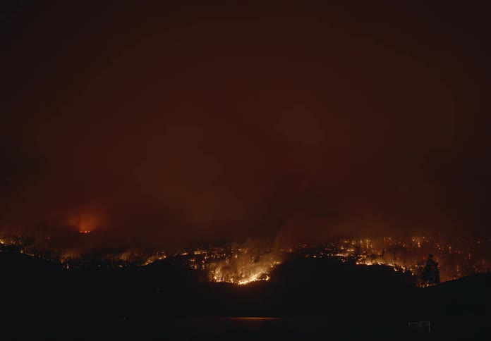 Flames rise from a blazing wildfire as the forest burns under a red smoke filled sky