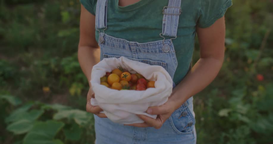 A teenage girl with a bag of tomatoes in her hands
