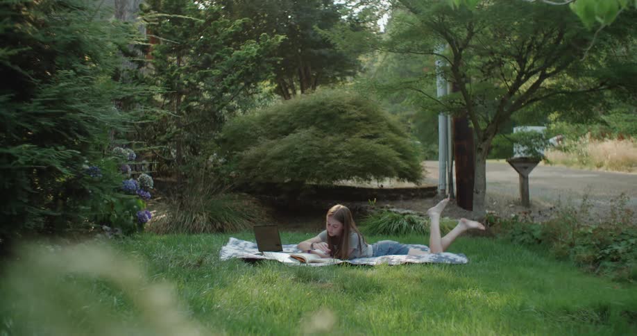 A teenage girl laying on a blanket in a grassy yard under trees while she flips through a book