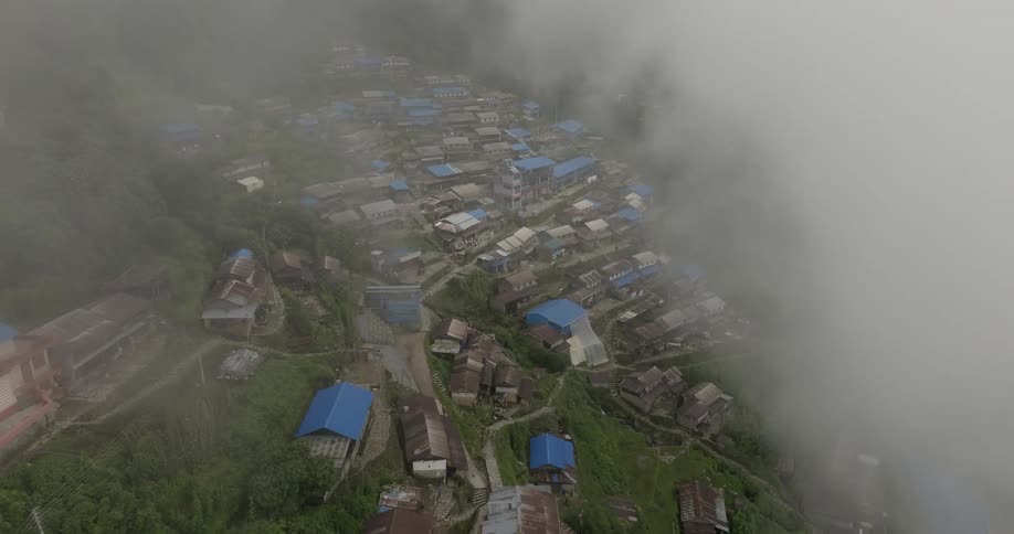 Aerial of a developing nation with houses built close together on a hillside