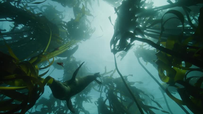 Sea lions swim through underwater vegetation during the day