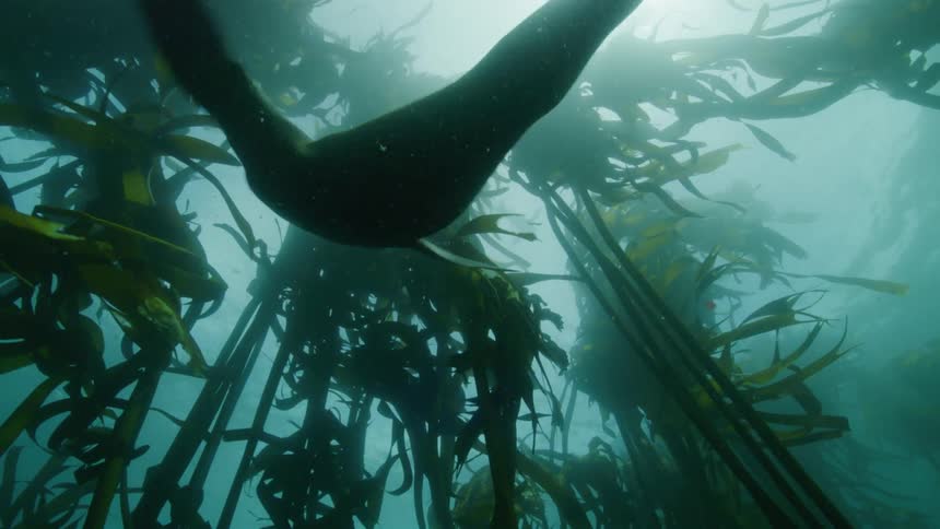 Sunlight shines down from surface onto seals swimming through and above kelp forest