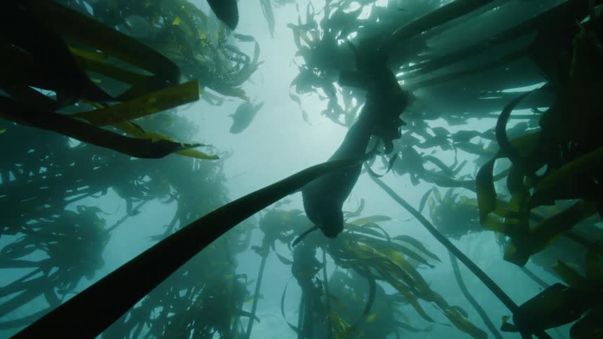 Sea seals swimming around seaweed on the ocean floor