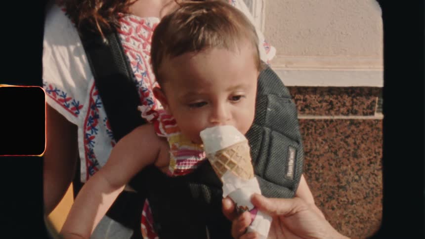 Super 8 film of a baby eating an ice cream cone