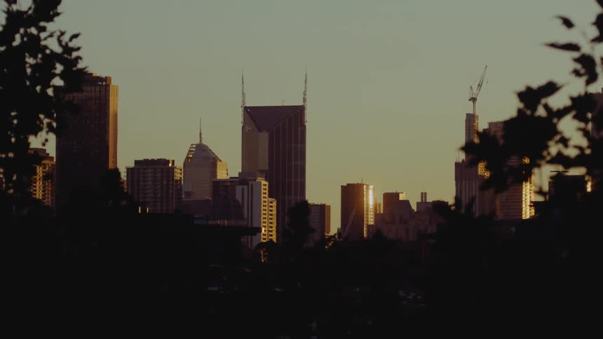 A bird flies past a city at dawn