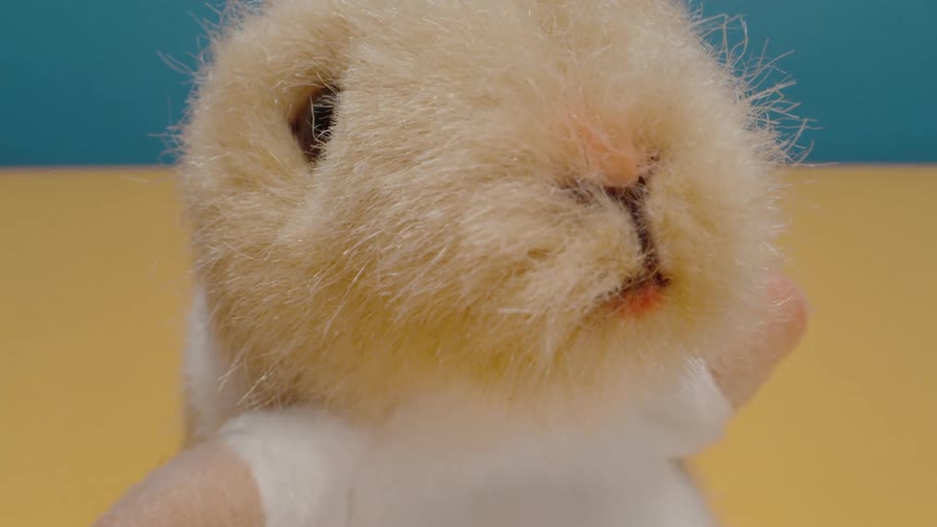 Dramatic zoom on the face of a rabbit plush toy
