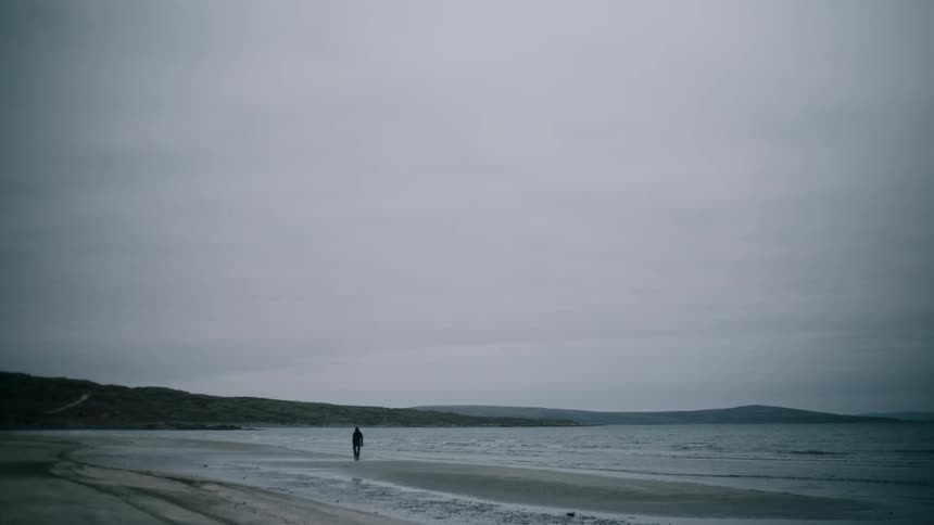Person walking along the seashore on a cloudy day