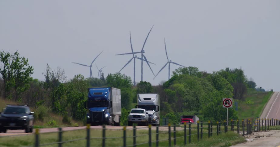 Wind turbines on wind farm seen from vehicle driving on highway