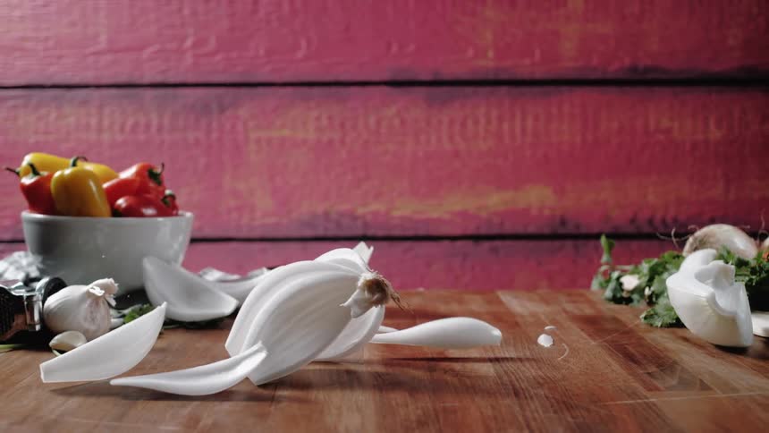 The onion falls and splits apart
