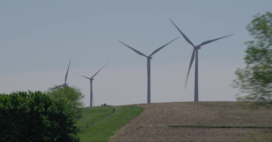 Wind turbines are seen through the trees as they spin in a rural area