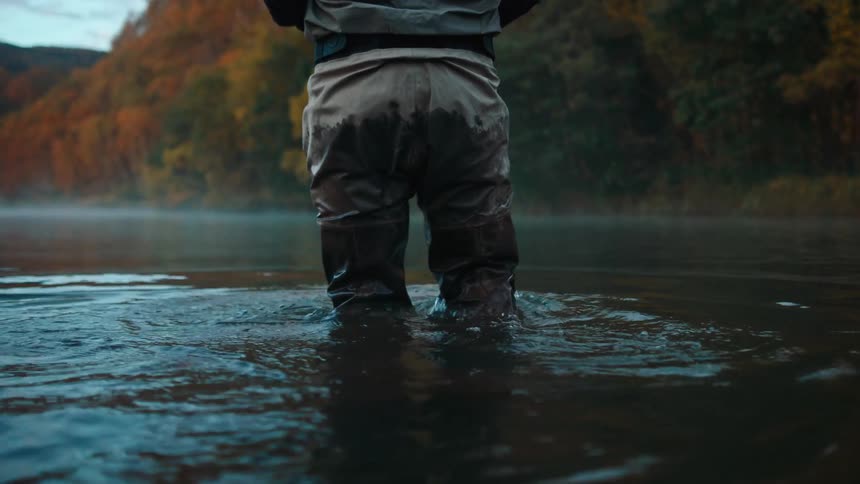 A man walking into a river with a fishing pole