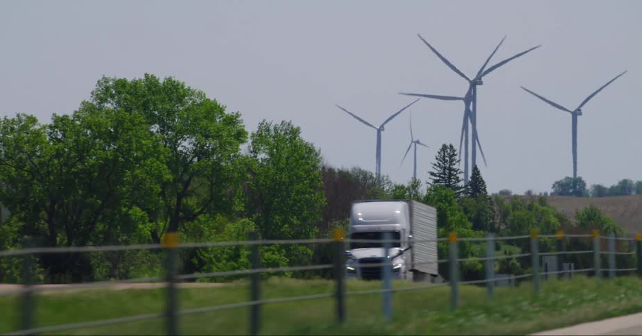 Wind turbines on wind farm seen from vehicle driving on road