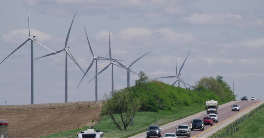 Cars driving on highway near wind turbines