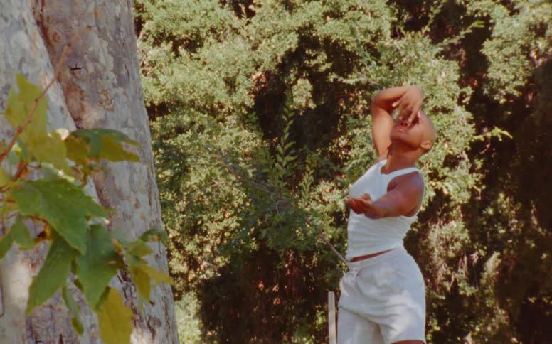 Female dancer with short hair white tank top and shorts dances by thick tree trunk at the park