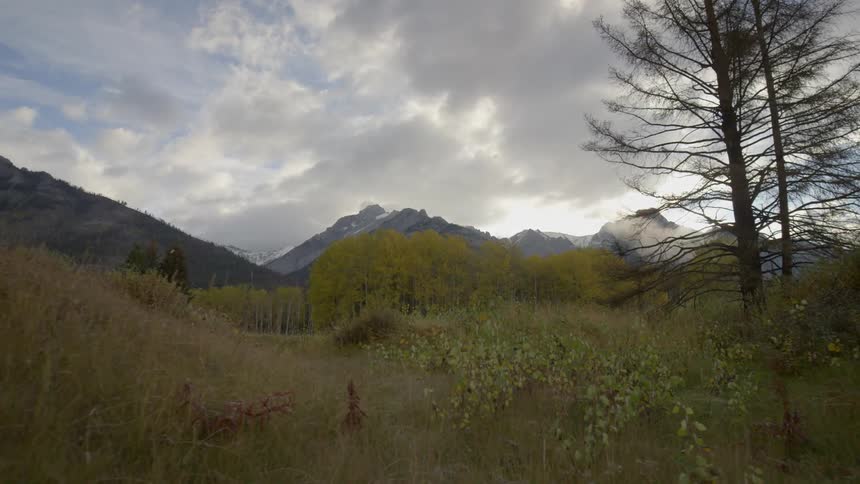 Grassy foothills of snow-capped mountains on a cloudy day