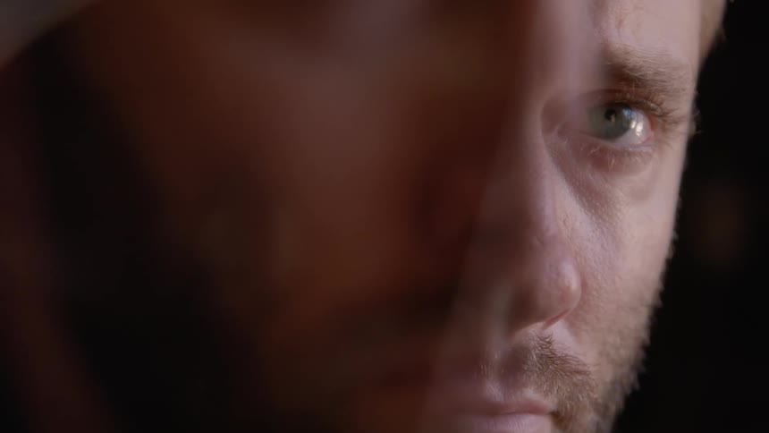 A portrait of a mans face with lightcolored eyes and a beard