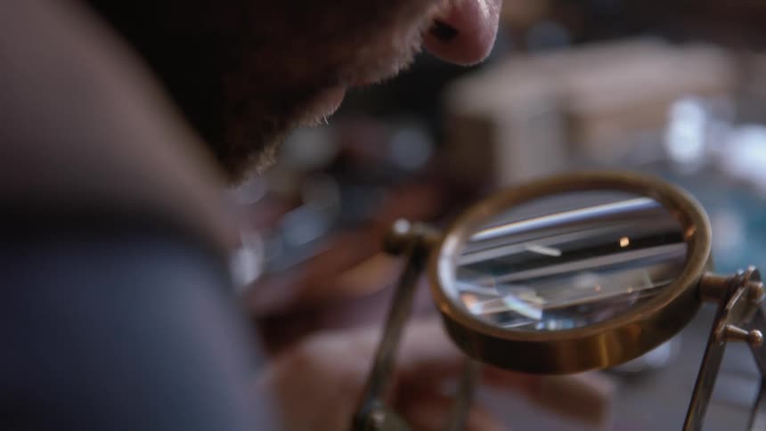 A man looks through a magnifying glass at a metal object he is fixing