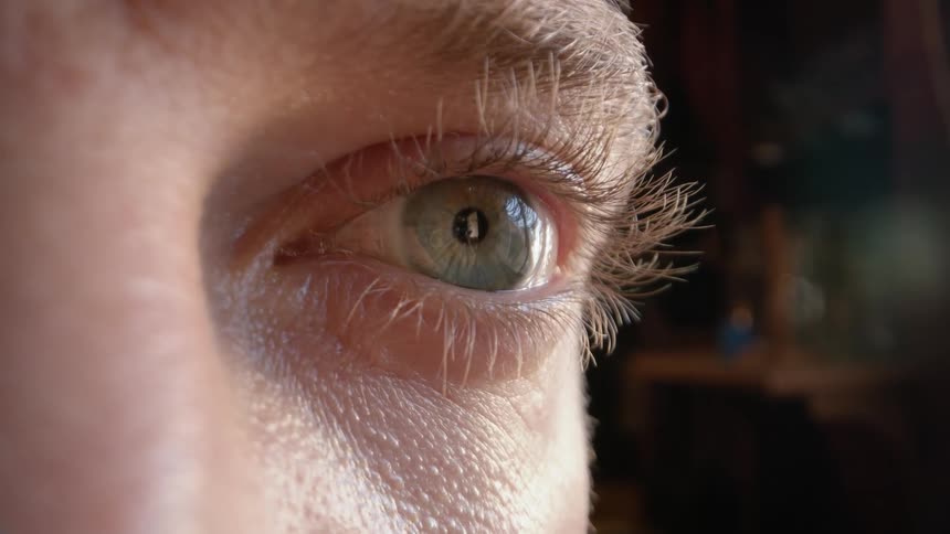 An extreme closeup of a mans lightcolored eye