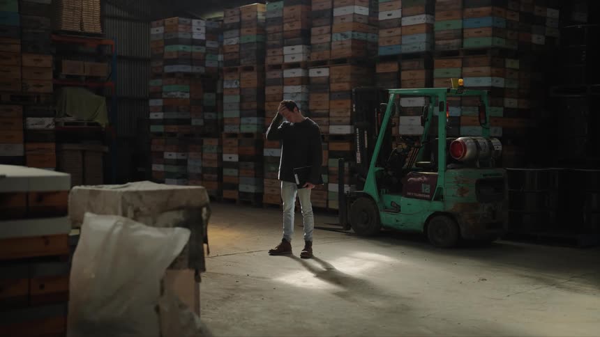 Man stands near forklift in warehouse