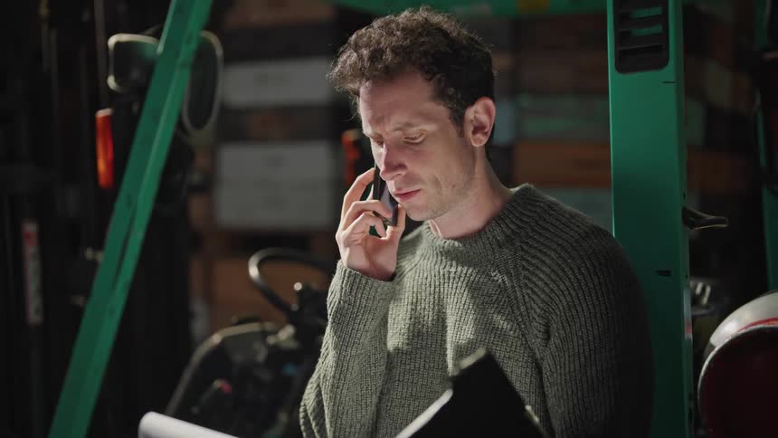 Man with gray sweater talks on the smartphone at the warehouse