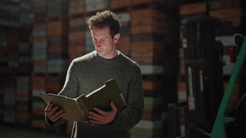 Man with gray sweater looks down at folder at the warehouse