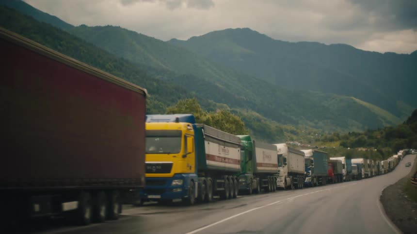 Semitrailer trucks stuck in traffic on a road through the mountains