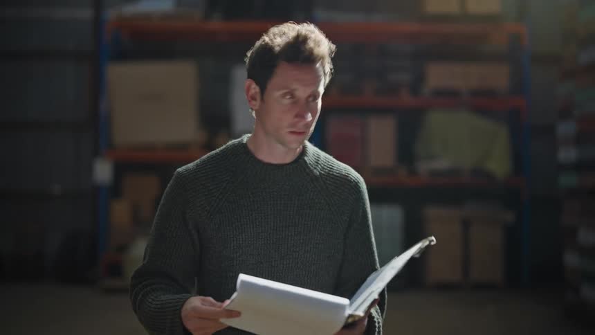 A man is walking in a room filled with boxes holding a notebook and flipping pages as he walks and looks around