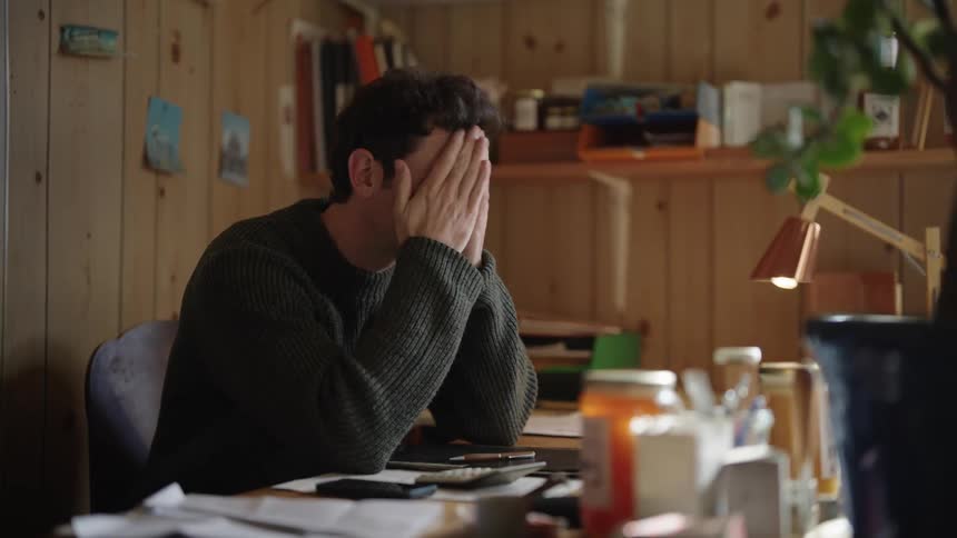 Young man working from home stops to take a break
