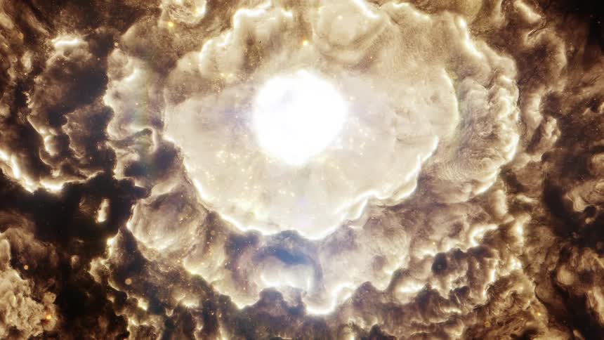 Smoky clouds glitter and expand in wavy layers while light shines from center