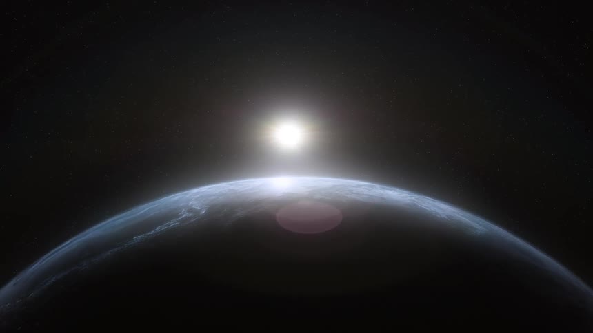 A view of the planet earth orbiting with the sun in the background