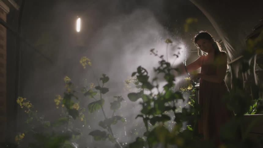A woman is watering a plant using water from a hose
