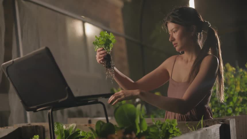 A woman holding a vegetable seedling and cleaning its roots