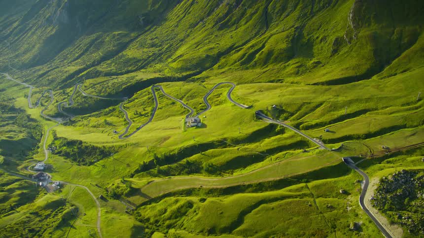 Aerial of the valley with green plains and mountains
