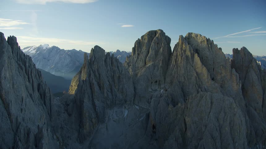 Flying towards the Langkofel mountain close to Passo Sella in Southern Tyrol and Rifugio Toni Demetz
