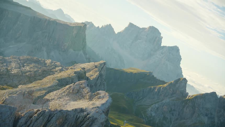 The mountains are covered in fog