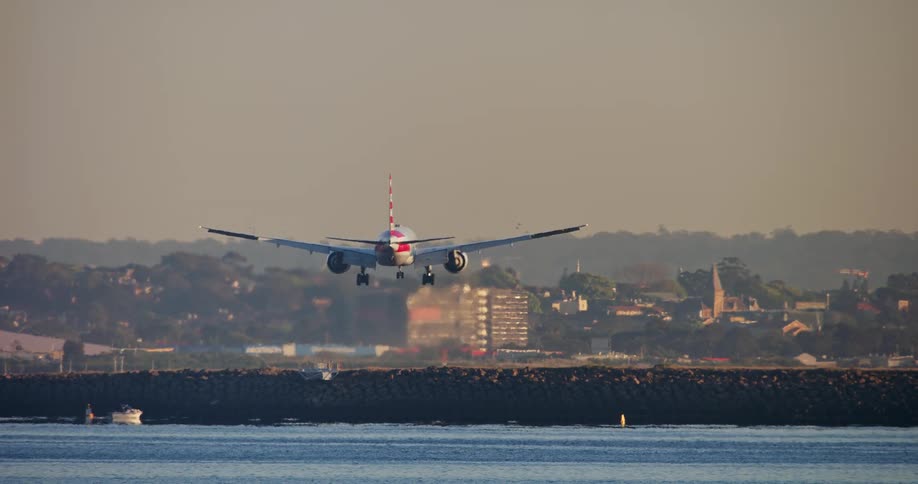 An aerial view of a plane landing