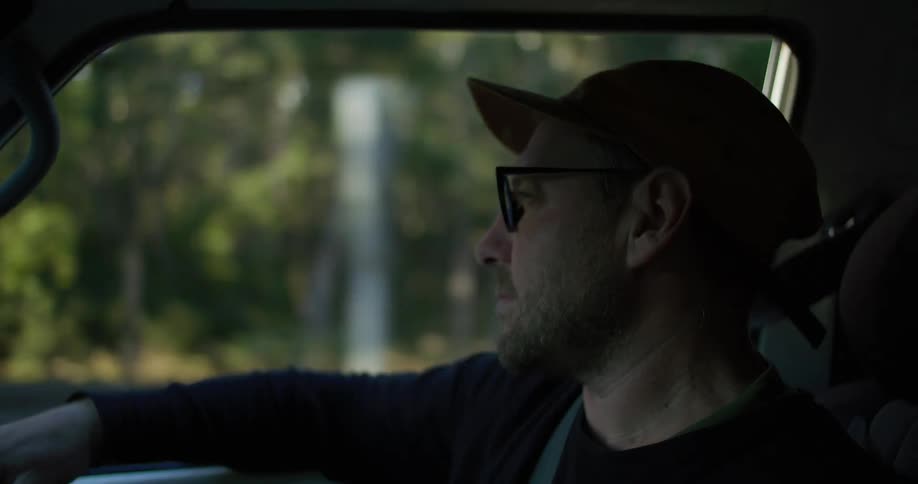 A man is driving his car past the forest