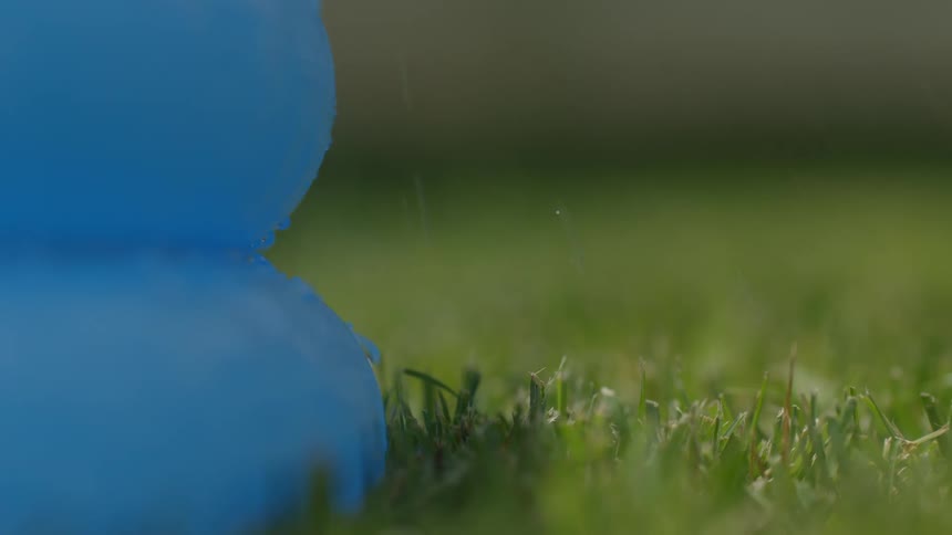 Water drops from a blue object to the grass at midday