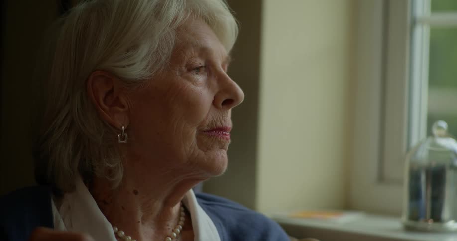A portrait of an elderly person gazing out the window