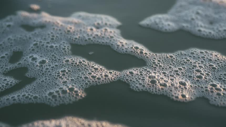Sun shines over the foam on the surface of a body of water