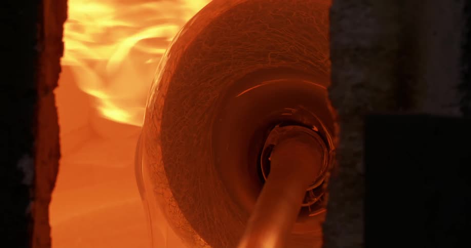 Piece of glassware turning inside a hot furnace
