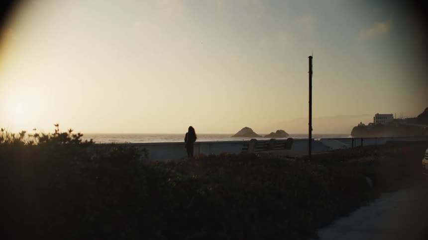 A woman stands alone facing the ocean at sunset while two people walk past her