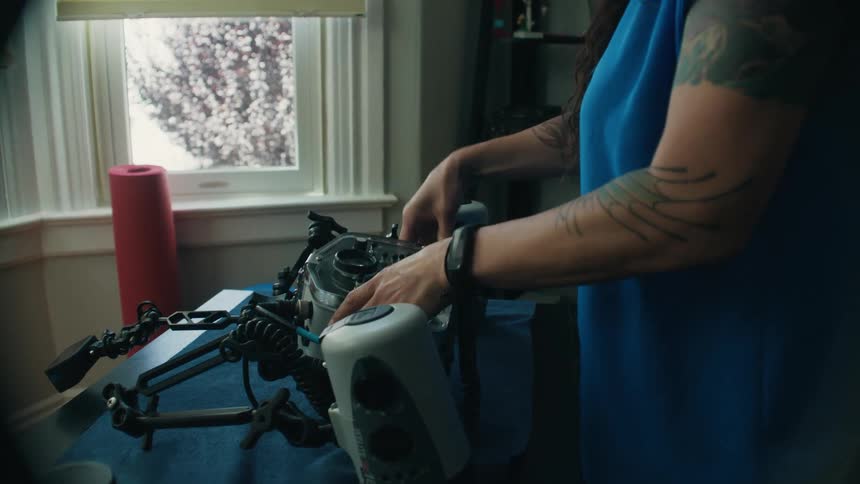 Woman at home secures a camera into an underwater housing